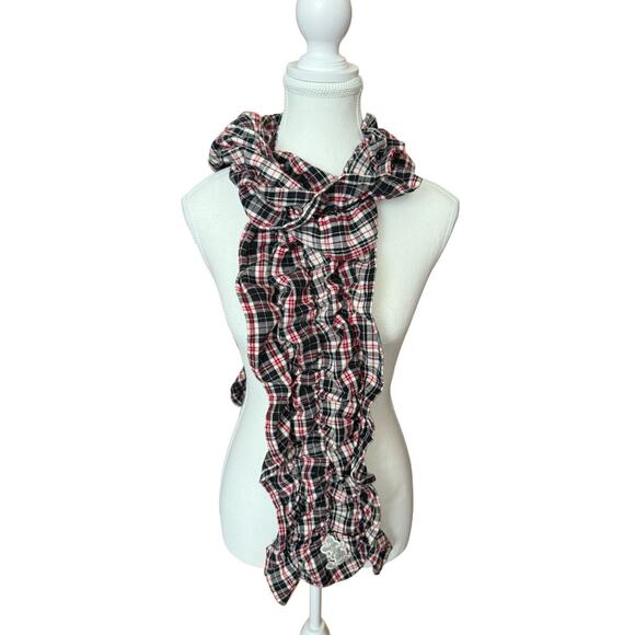 Disney Parks Plaid Ruched Cotton Scarf Mickey Mouse Embroidered Fall XL 75x9 EUC - Picture 2 of 7